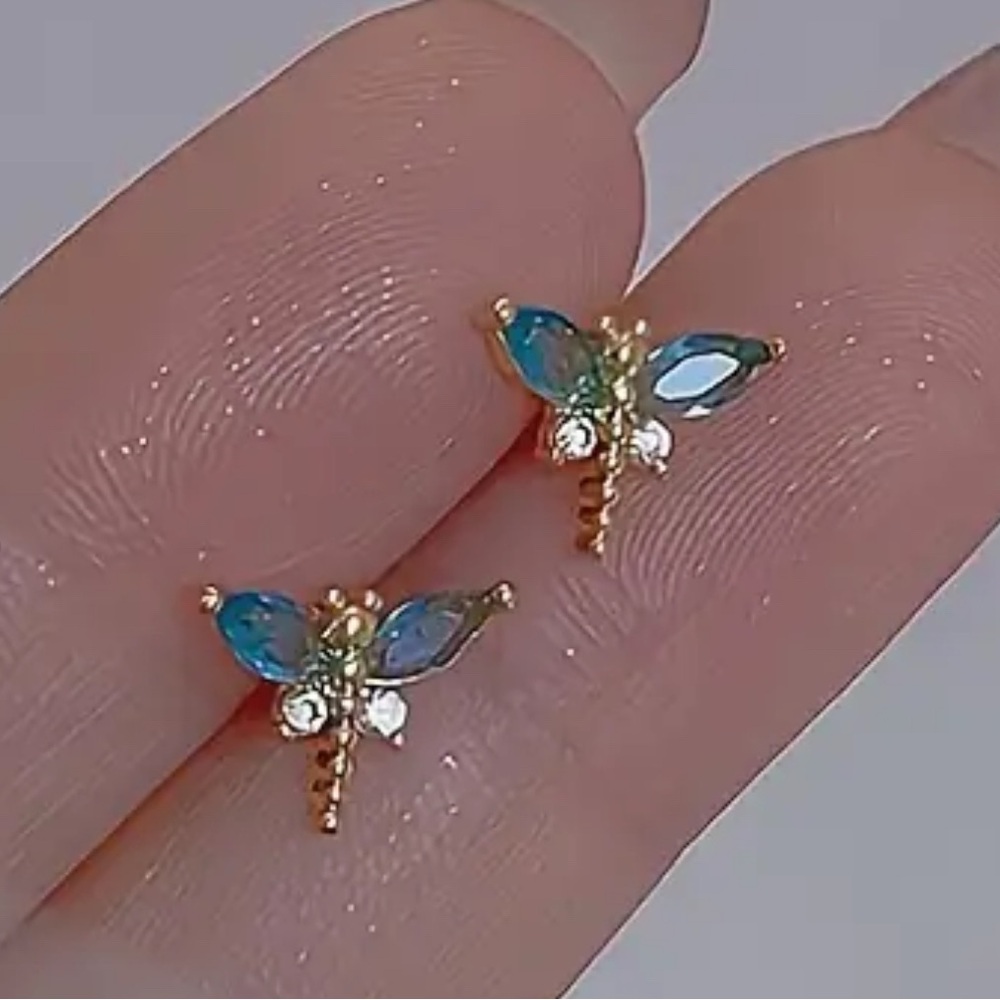 New Gold tone and Blue Dragonfly Earrings #160